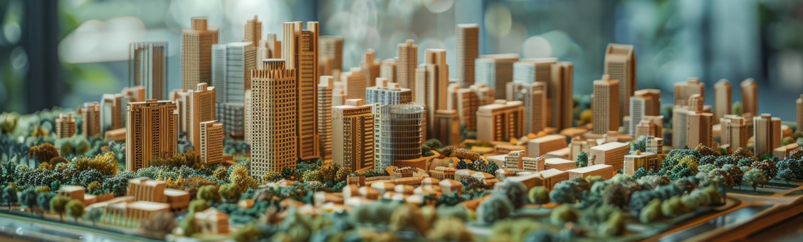 Miniatur aus Holz von einer Stadt mit grünen Bäumen dazwischen