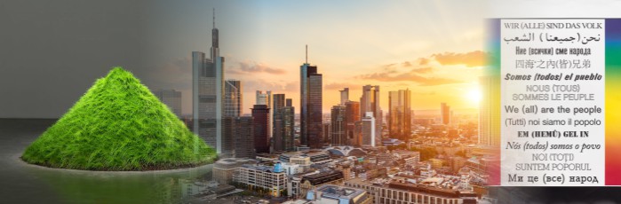 Grasskulptur von Hans Haacke läuft über in ein Bild von Frankfurt bei Sonnenuntergang und weiter in ein Bild von Hans Haacke