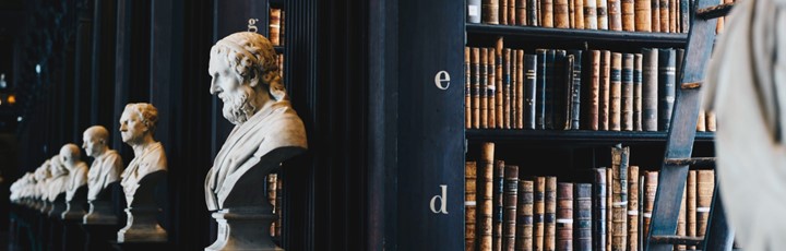 Verschiedene Büsten stehen an der Seite von den Bücherregalen in einer Bibliothek.