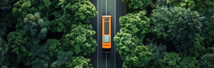 Blick von oben auf eine Straße mitten im Wald, durch den ein orange-gelber Bus fährt.