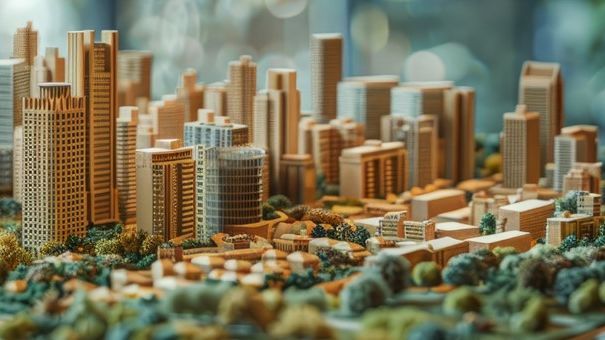 Miniatur aus Holz von einer Stadt mit grünen Bäumen dazwischen