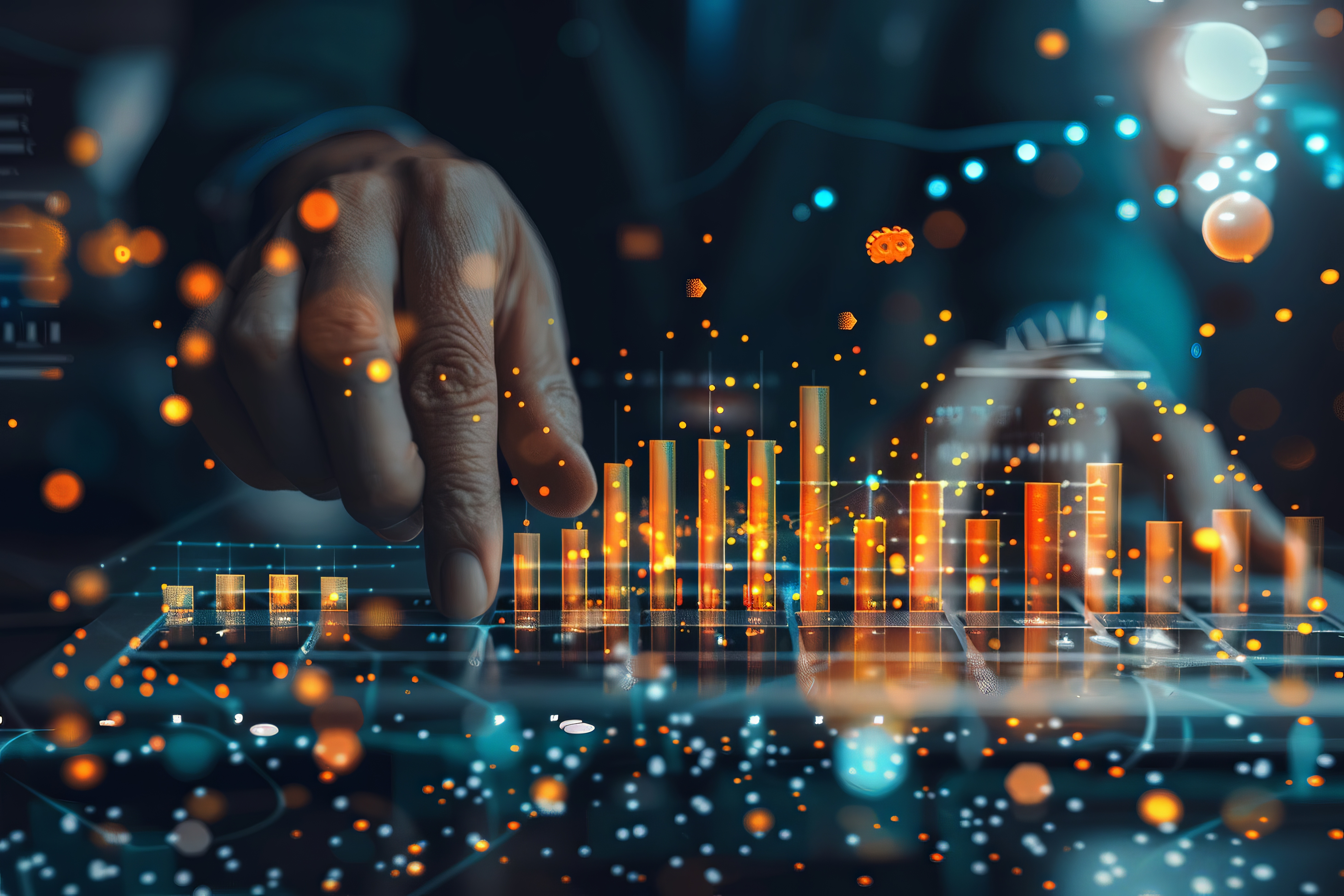 Darstellung von Datenanalysen mit leuchtenden Balkendiagrammen und einer Hand, die interaktiv auf einem digitalen Touchscreen arbeitet.