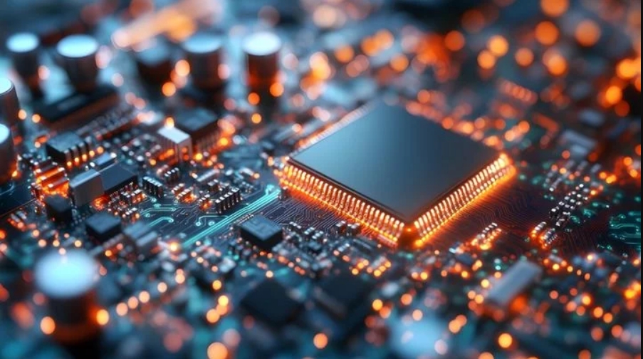 3-Rendering: A close-up of a computer chip. Individual elements glow